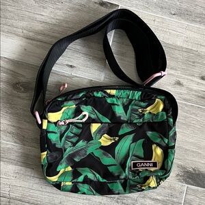 Ganni Black Bag with Green and Yellow Leaf Design